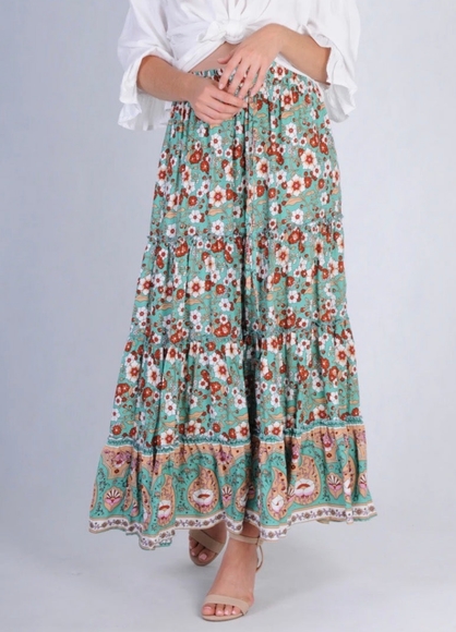 JAR OF HEARTS Boho Lover Aqua Turquoise Floral High Waisted Tiered Maxi Skirt - Picture 7 of 16